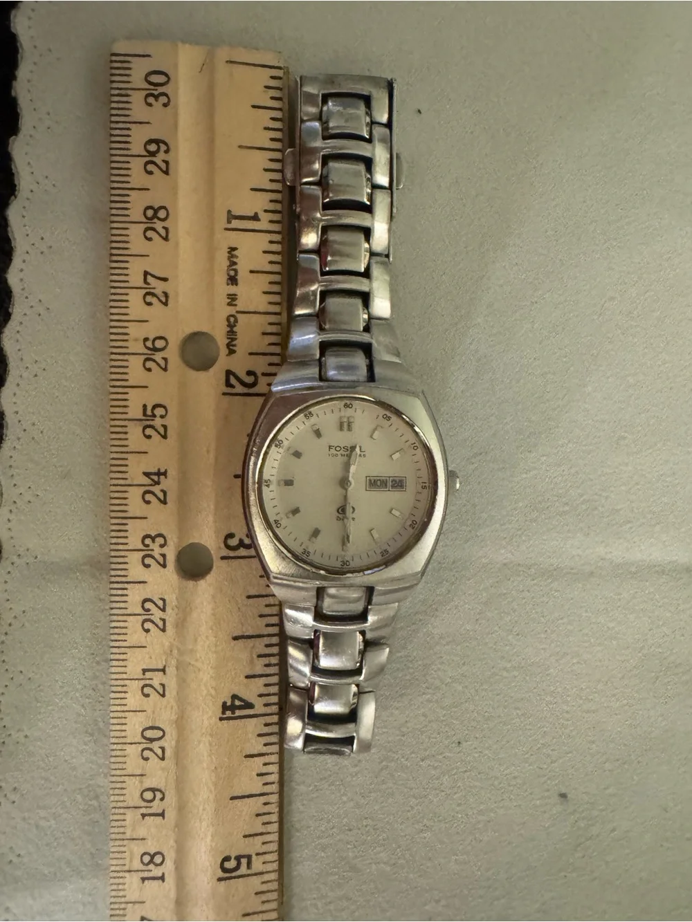 Fossil Silver Stainless Steel Day Date Watch with White Dial